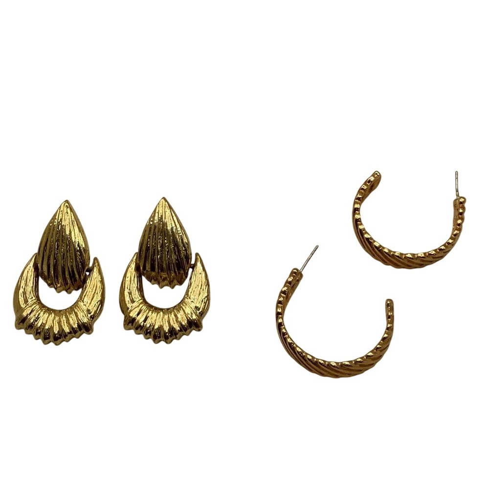 Vintage Gold Tone Earring Set Textured Door Knocker and Twisted Rope Hoops